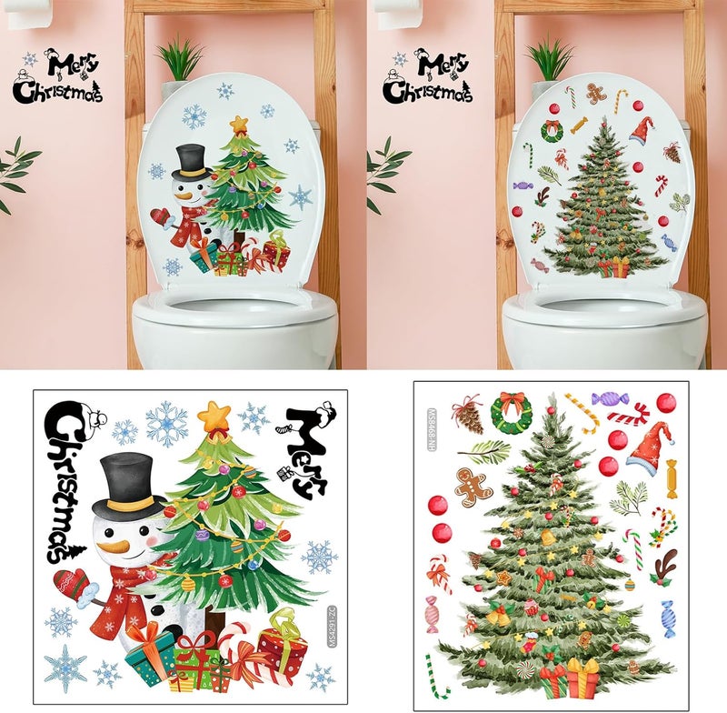 BASEMMAHER 2Pcs Christmas Toilet Stickers Xmas Christmas Tree Snowflake Snowman Pattern Wall Decals Window Glass Bathroom Self-Adhesive Stickers Decoration for Home Decor Merry Christmas Supplies - Image 1